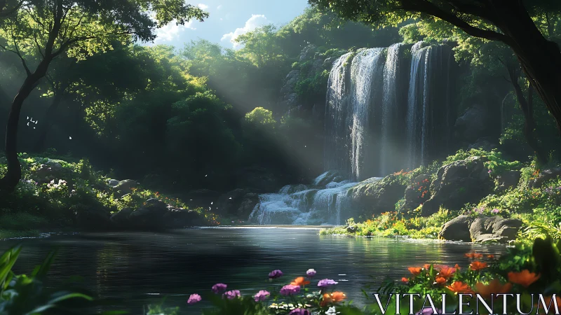 Ray-traced forest waterfall basin under volumetric daylight.