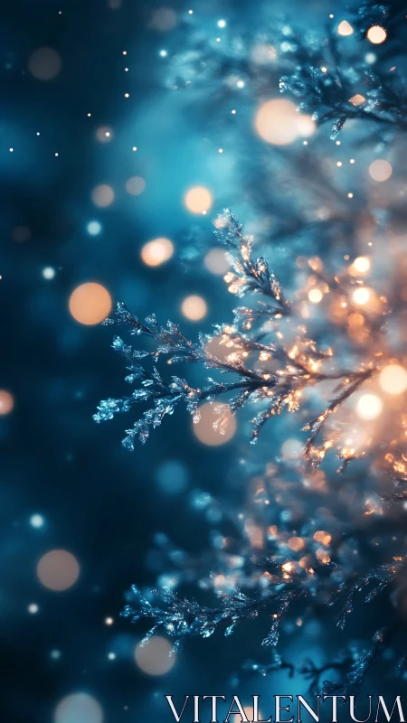 Branch with ice crystals is shown against defocused lights