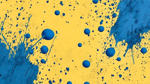 Dynamic blue paint splatter on yellow background, abstract style.