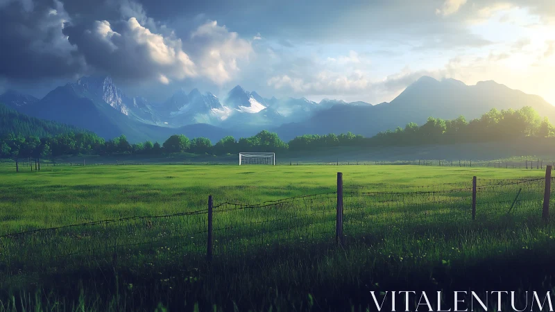 Sunlit mountain meadow with a quiet, inviting soccer field.
