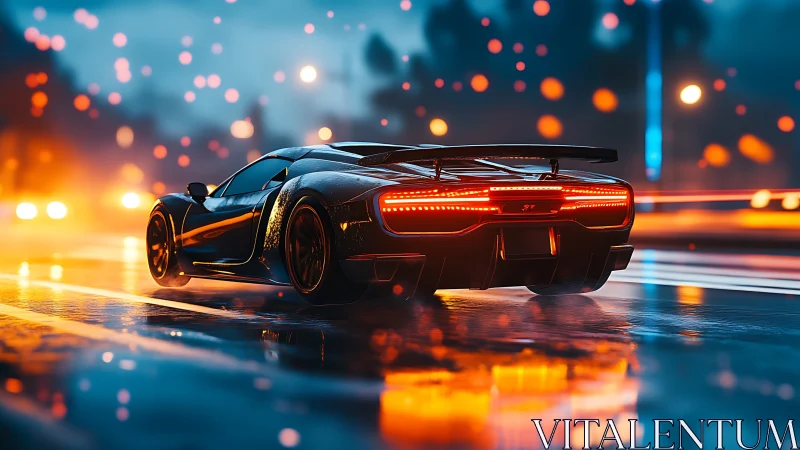 Rendered rear view shows sports car on wet city roadway