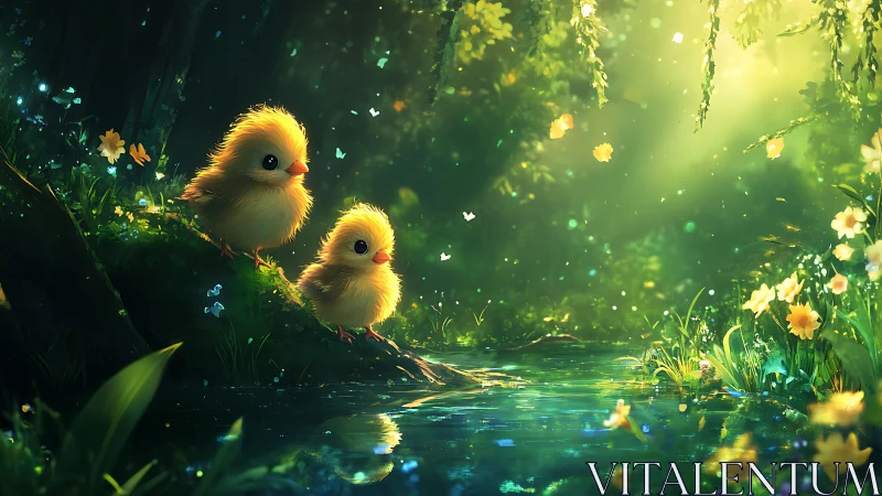 Fluffy yellow chicks beside a glowing forest pond scene.