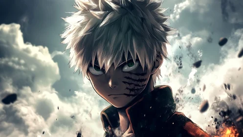 White haired anime warrior faces storm of burning debris.