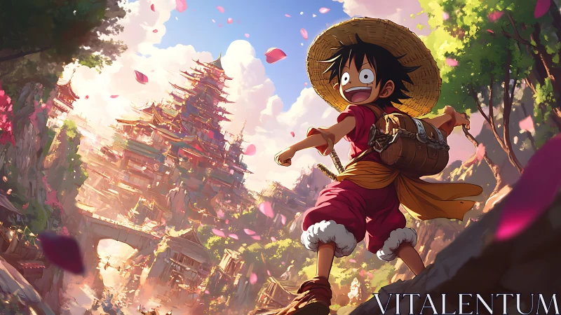 Straw hat adventurer races toward sunlit cliffside pagoda city.