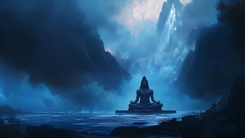 Serene Shiva statue in misty blue mountain valley at dusk.