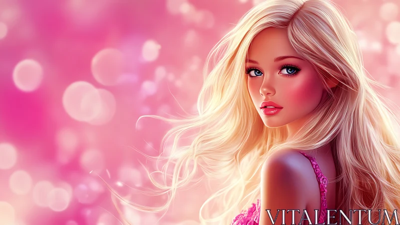 Blonde digital portrait with pink bokeh and luminous gradients.