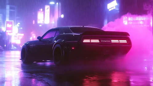 Neon muscle car idles in a rainy cyberpunk city street at night.