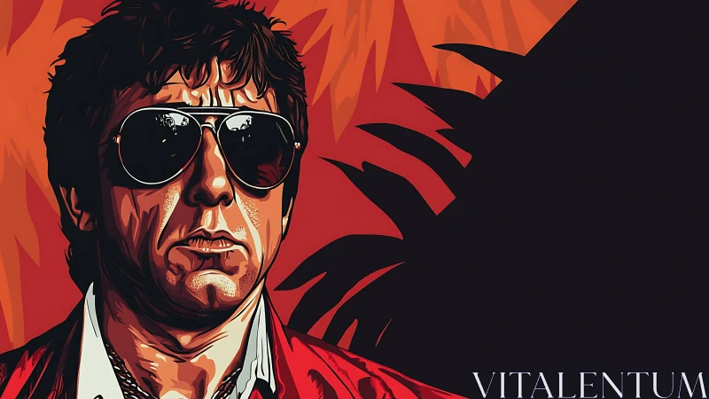 Sunglassed rebel in molten red shadows of urban heat.