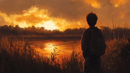Backlit youth observing golden sunset over reflective lake.
