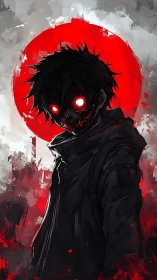Dark figure with glowing eyes stands before a red circle