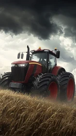 Storm-lit red tractor dominating windswept wheat field.
