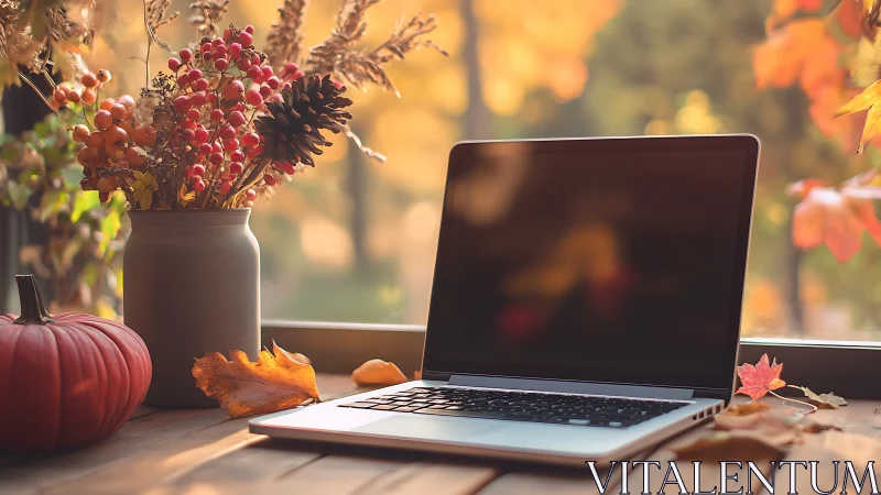 Laptop and autumn decor on wooden desk by window indoors.