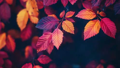 Color graded photograph shows autumn leaves in shallow focus