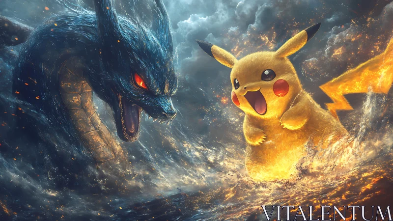 Electric creature and dragon figure in stormy clash scene.