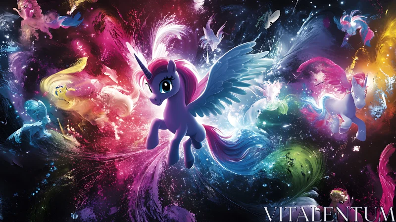 Winged unicorns fly through vivid multicolored cosmic clouds