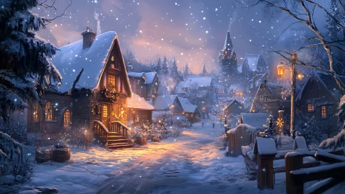 Snowy village street with warm cottages at dusk.