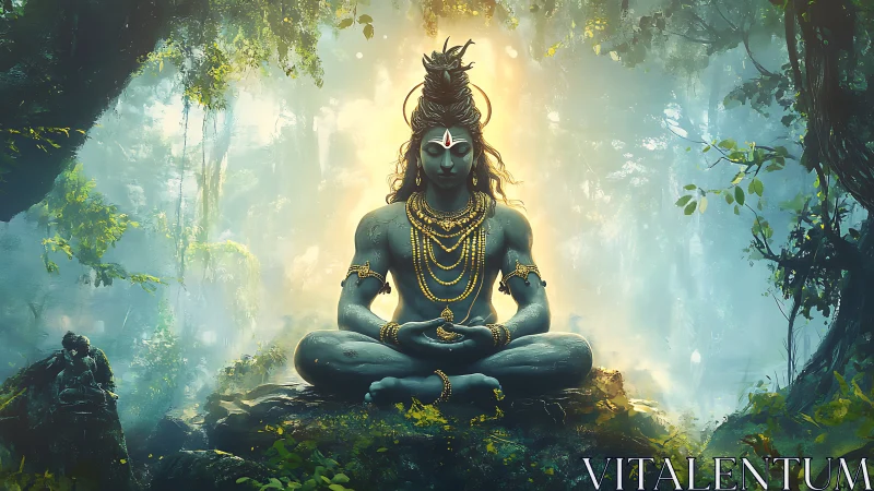 Meditative blue deity rendered in volumetric forest light gradients