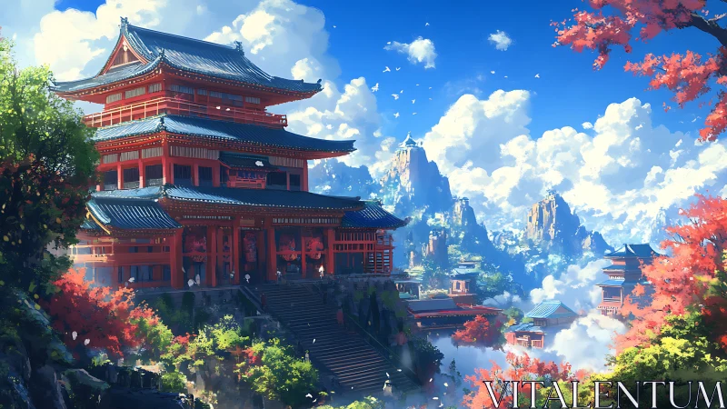 Sunlit mountain temple complex rises above drifting clouds