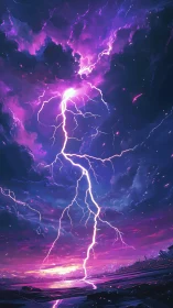 Violet storm lightning splits a glowing sunset horizon.