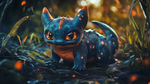 Bioluminescent baby dragon creature in glowing forest undergrowth