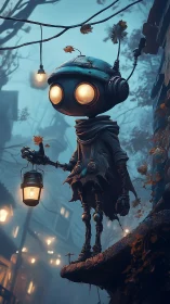 Gentle lantern robot wandering through a misty autumn town.