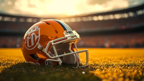 Orange football helmet on turf in warm stadium backlight.