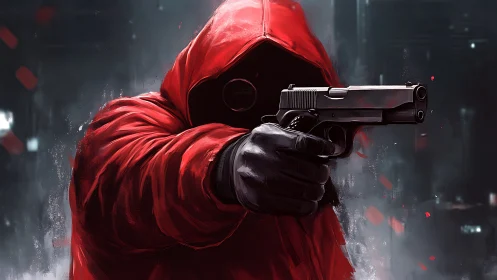 Hooded gunman in crimson coat aims forward in neon haze