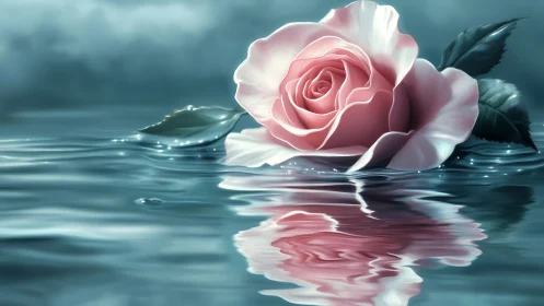 Pink Rose Blooms Across Serene Teal Waters