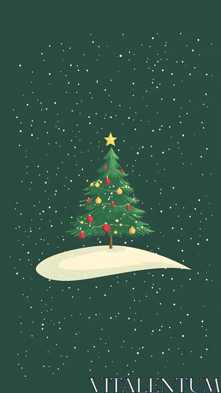 Decorated Christmas tree on snow island in snowfall.