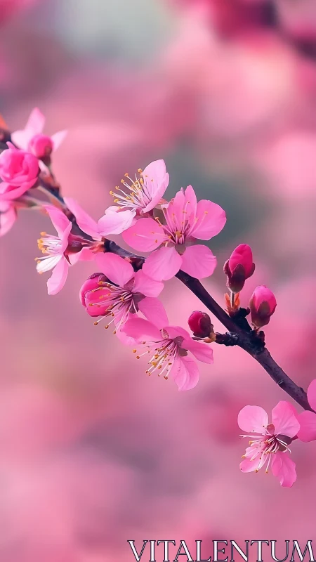 Pink Cherry Blossom Branch with Bokeh Background Depth