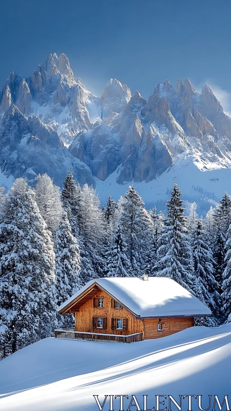 Snowbound alpine cabin beneath dramatic jagged peaks.