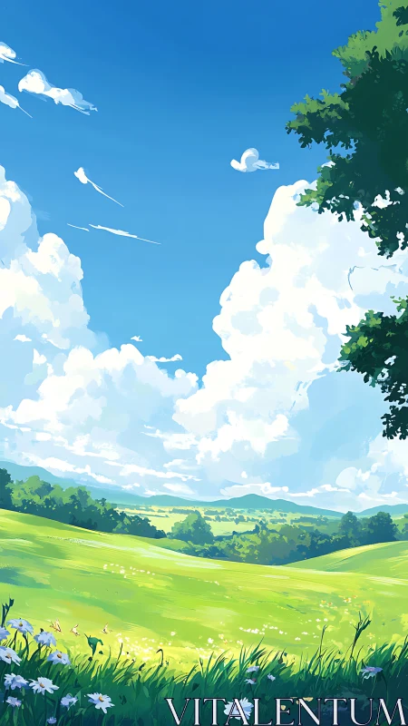 Sunny green meadow under expansive blue sky clouds.
