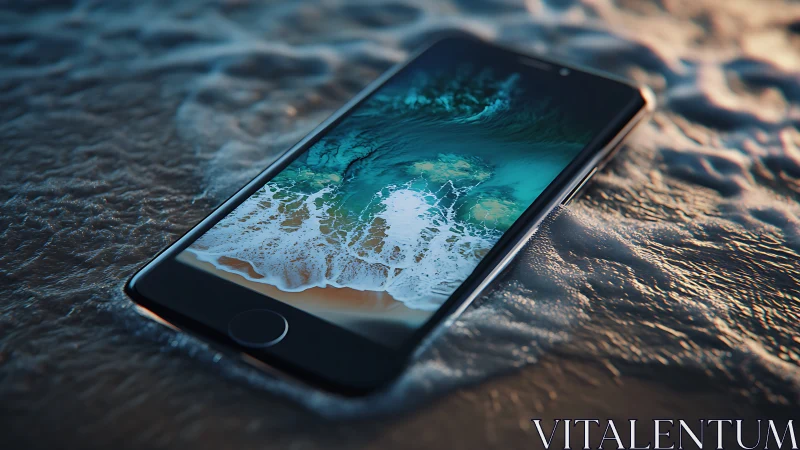 Smartphone rests in surf as digital waves mirror reality.