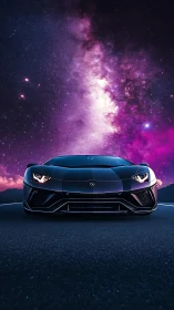 Supercar glides beneath luminous purple galactic sky.