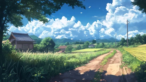 Rural landscape illustration shows dirt road, fields and clouds