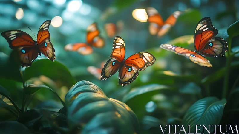 Orange butterflies over lush green leaves in soft light.