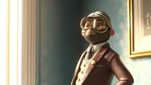 Stylized 3D chimpanzee aviator in vintage tailored suit.