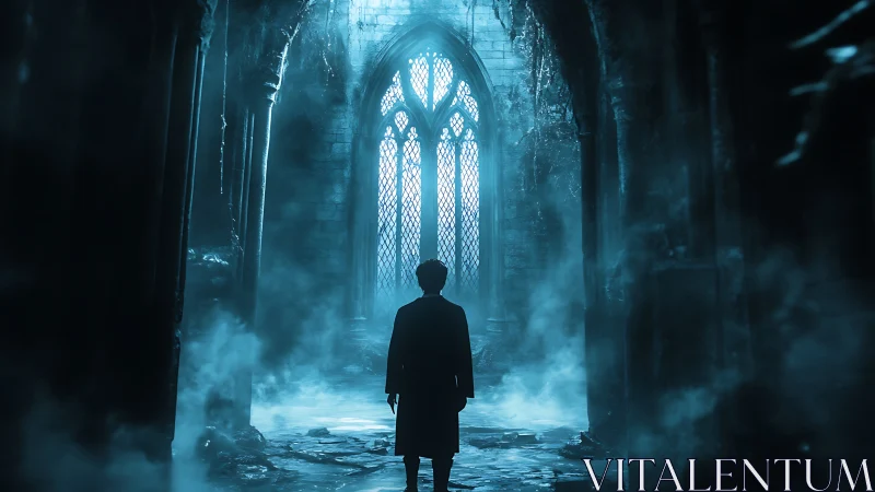 Solitary figure in misted gothic corridor, blue backlight.