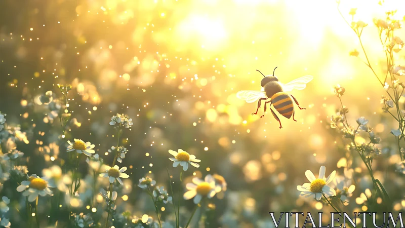 Sunlit meadow ballet with a humming golden honeybee.