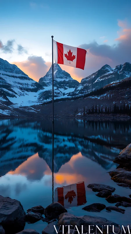 Canadian flag over alpine lake with mirrored peak reflections at dusk