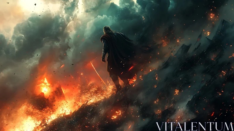 Stormbound warrior over blazing battlefield in ruinous dusk.