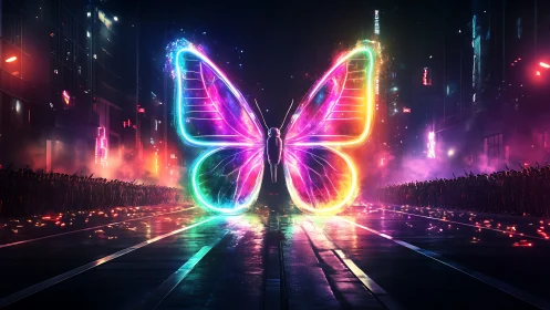 Neon butterfly guardian lighting a futuristic city night.
