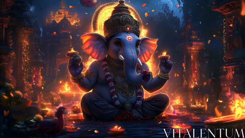 Elephant-headed deity sits amid illuminated temple courtyard