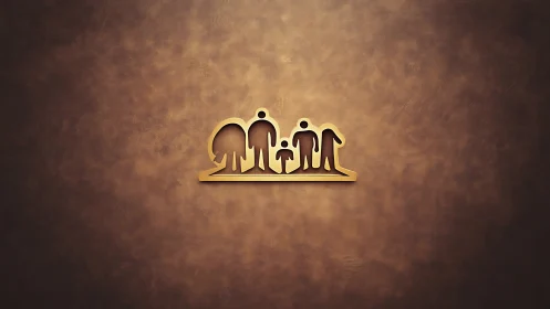Golden minimalist family silhouette icon on textured wall.