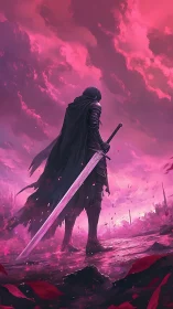 Cloaked swordsman stands in pink storm-lit battlefield