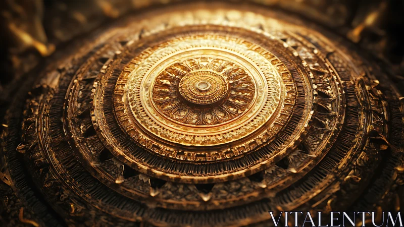Radiant concentric golden mandala with ornate relief detail.