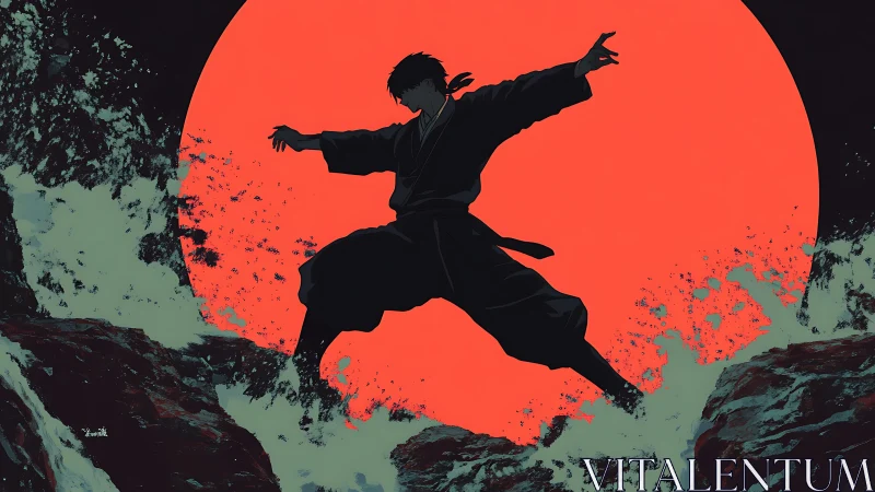 Martial silhouette leaping across waves before crimson sun.