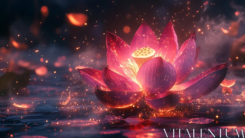 Luminous lotus blossom igniting twilight water with sparks.