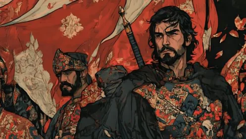 Noble warriors stand proud beneath sweeping crimson banners.