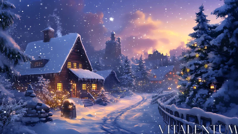 Digital painting of a snowy cottage lane at twilight glow.